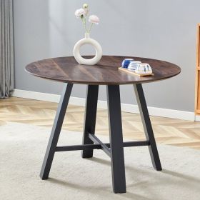 Modern Minimalist Round Dining Table And Coffee Table. 42 Inch Diameter MDF Table Top, Deep Wood Grain Table Top, Black Metal Legs, Fits Home & Office