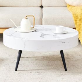31.5 White Marble-Patterned MDF Round Coffee Table With Black Metal Legs.Adjustable Feet,Coffee Table,Round Table Design,MDF Material,White Marble Pat