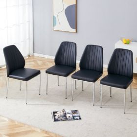 Set Of Four Black PU Comfort Dining Chairs 17.7x25 Dining Chair With Extended Backrest,BLACK PU,Silver Metal Legs,Suitable For Various Places Such As
