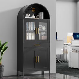 73 Inch Metal Tall Arched Display Cabinet, Metal Arched Bookshelf With Doors,Shelves,Drawers, Modern Freestanding Bookcase For Home Office Bar Living