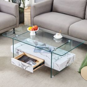 43.3 Inch Modern Two-Tier Coffee Table - Clear Tempered Glass And White Marble Texture, Multifunctional Storage Design.The Bottom Tier Includes A Draw