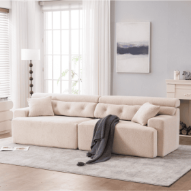 LY-029 APRICOT COMPRESSION SOFA 4-seater Combined Sofa, Wood Grain Chenille Fabric, Full Sponge Compression Sofa,combined Sofa With 2 Pillows For Livi