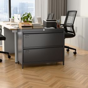 Lateral File Cabinet With 2 Drawer,Metal Wide Filing Cabinet With Lock And Business Card Slot For Home Office School Hanging Letter,Legal,F4,A4 Size F (Color: Black)