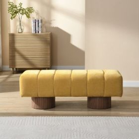 Upholstered Dining Bench For Dining Room, No-Assembly End Of Bed Entryway Bench Ottoman For Bedroom Living Room, Beige Chenille Fabric Stool Top Wood (Color: Yellow)